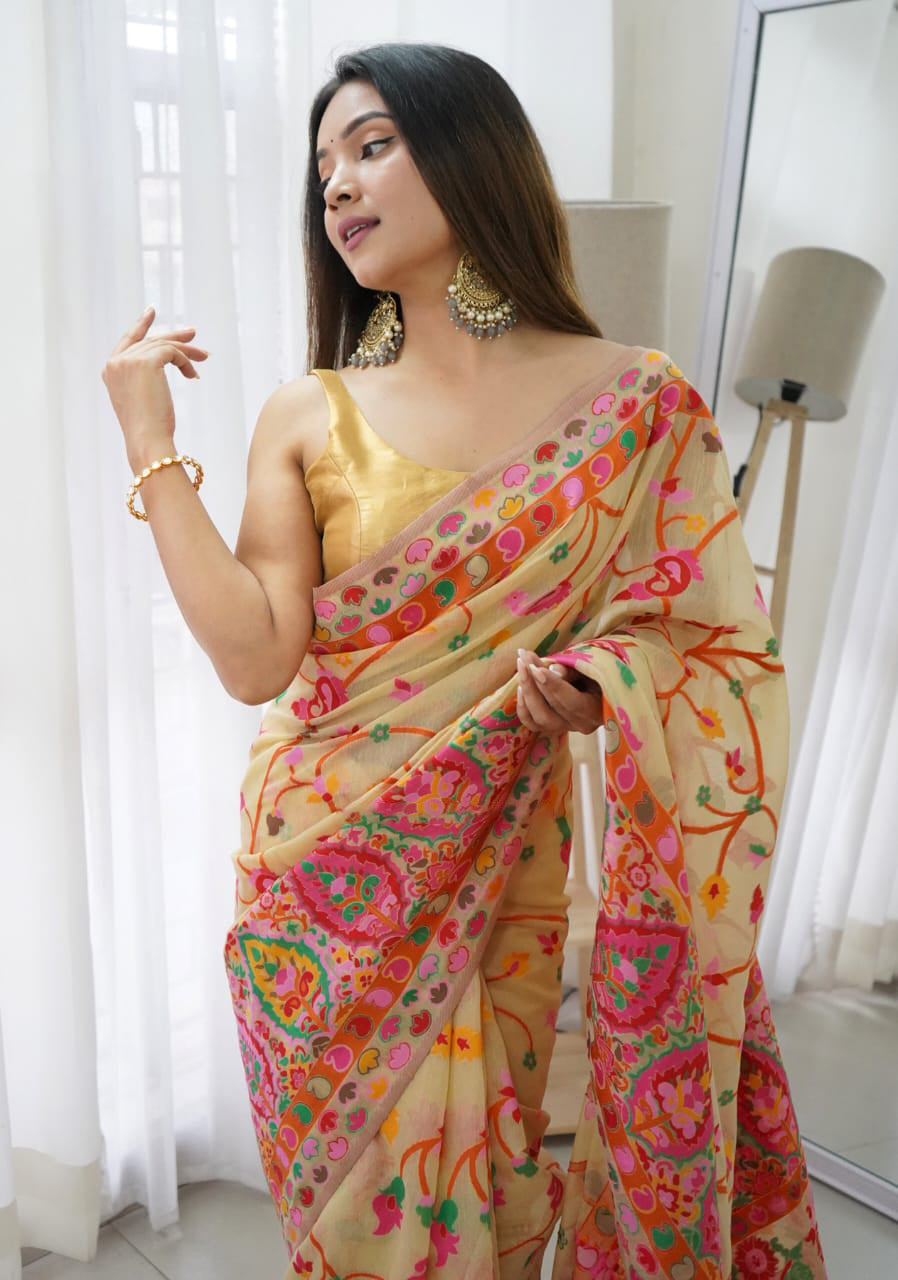 Srishti Beige Pashmina saree With Gleaming Blouse PieceSaree