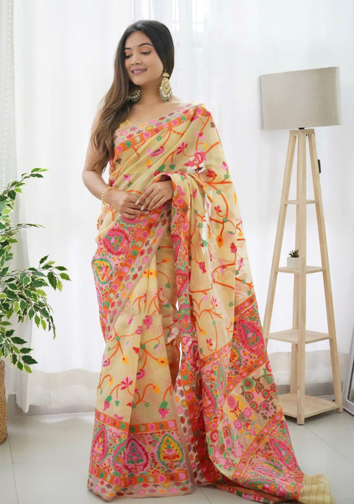 Srishti Beige Pashmina saree With Gleaming Blouse PieceSaree