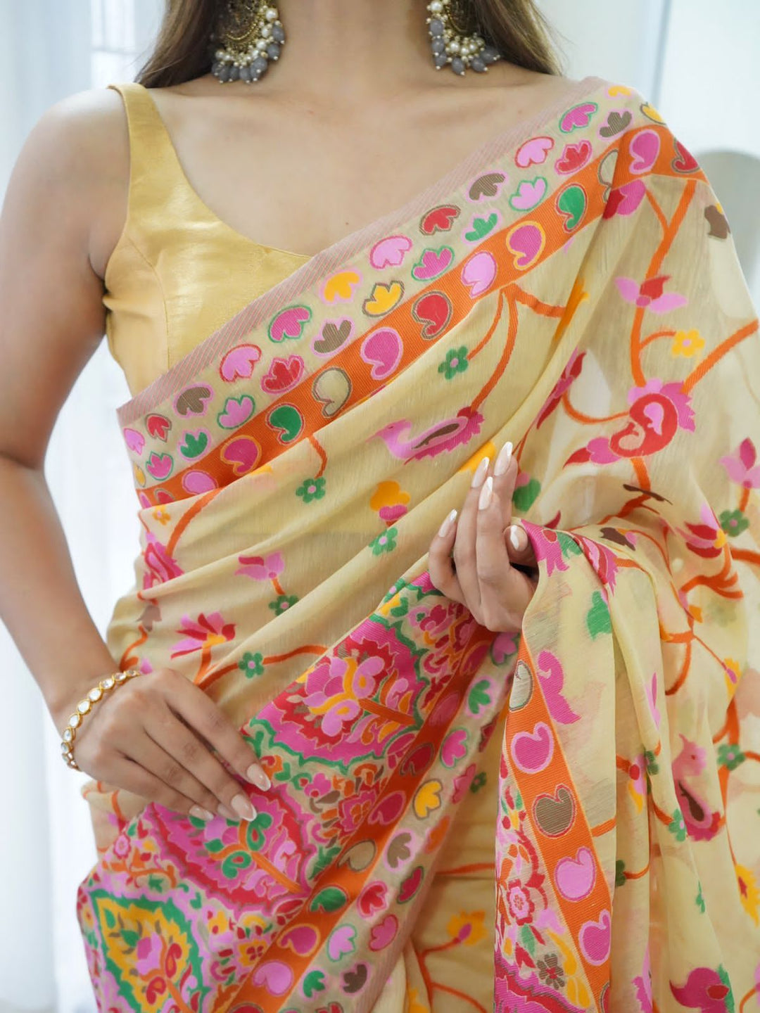 Srishti Beige Pashmina saree With Gleaming Blouse PieceSaree