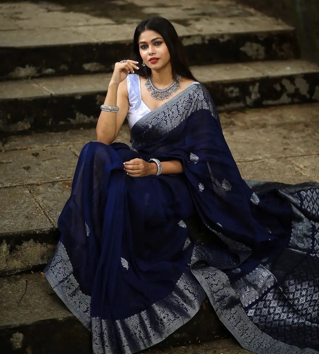 Garima Navy Blue Soft Banarasi  Silk Saree